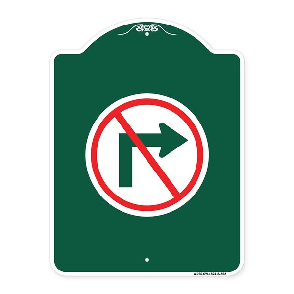 Designer Series No Right Turn Graphic Only, Green & White Aluminum Sign, 18" x 24", GW-1824-23592